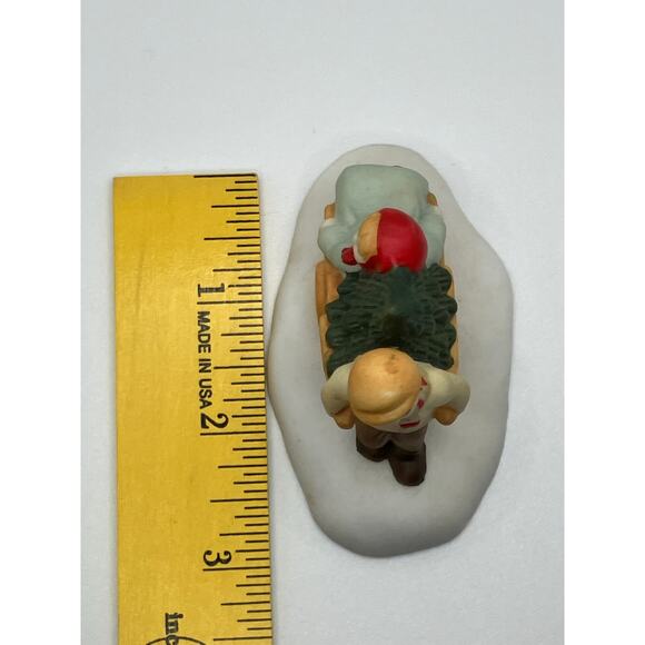 Christmas Village Figures Children Carrying Christmas Tree Wheelbarrow Boy Girl - Picture 6 of 6